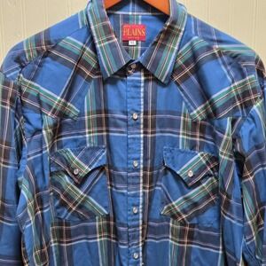 Ely Plains Shirt Mens XL Blue Plaid Long Sleeve Western Snap Pockets Casual